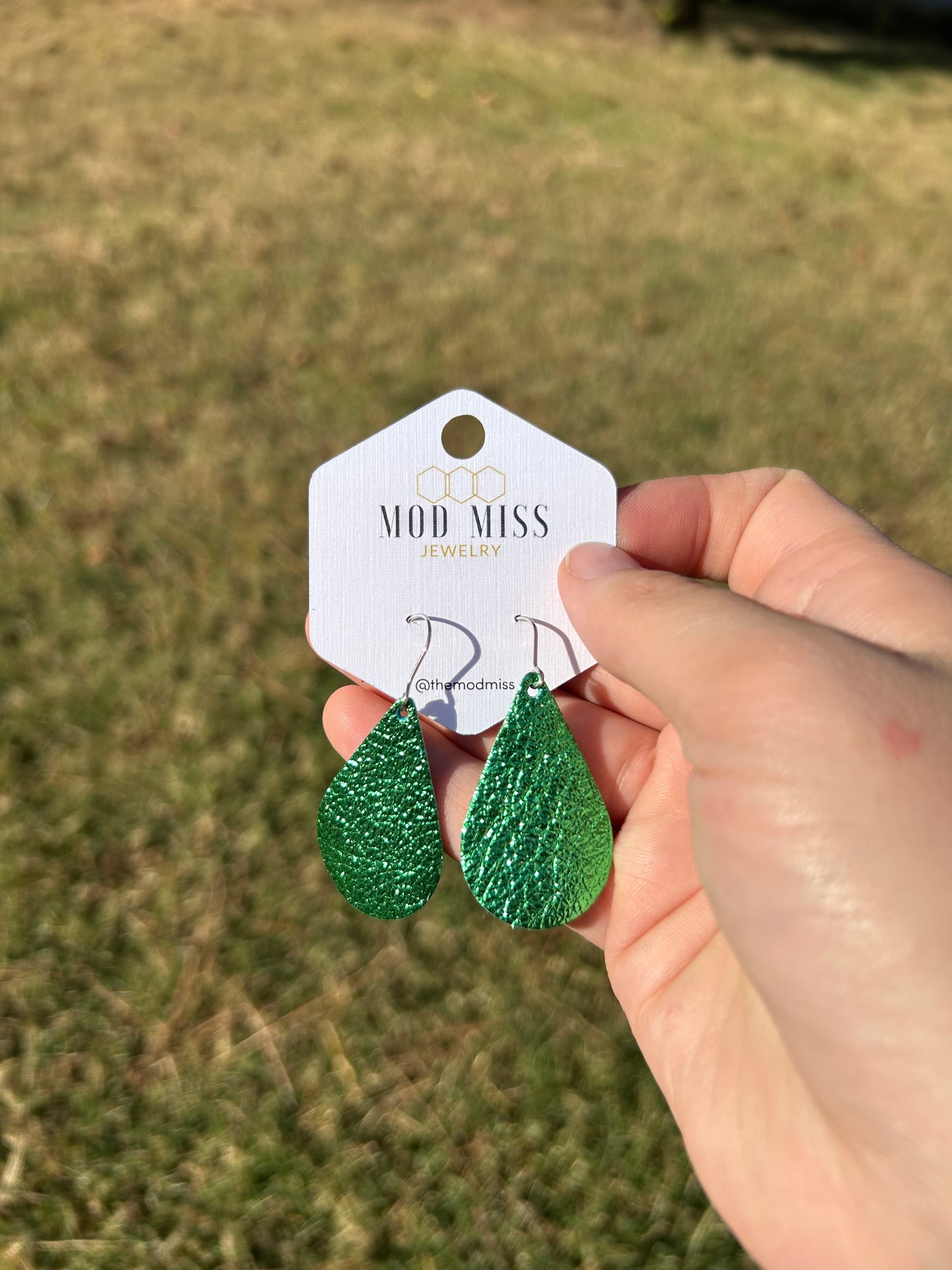 Green Leather Teardrop Earring