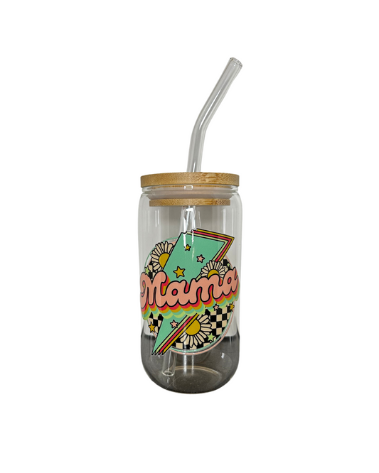 Mama Lightening Bold Glass Tumbler with Bamboo Lid and Glass Straw