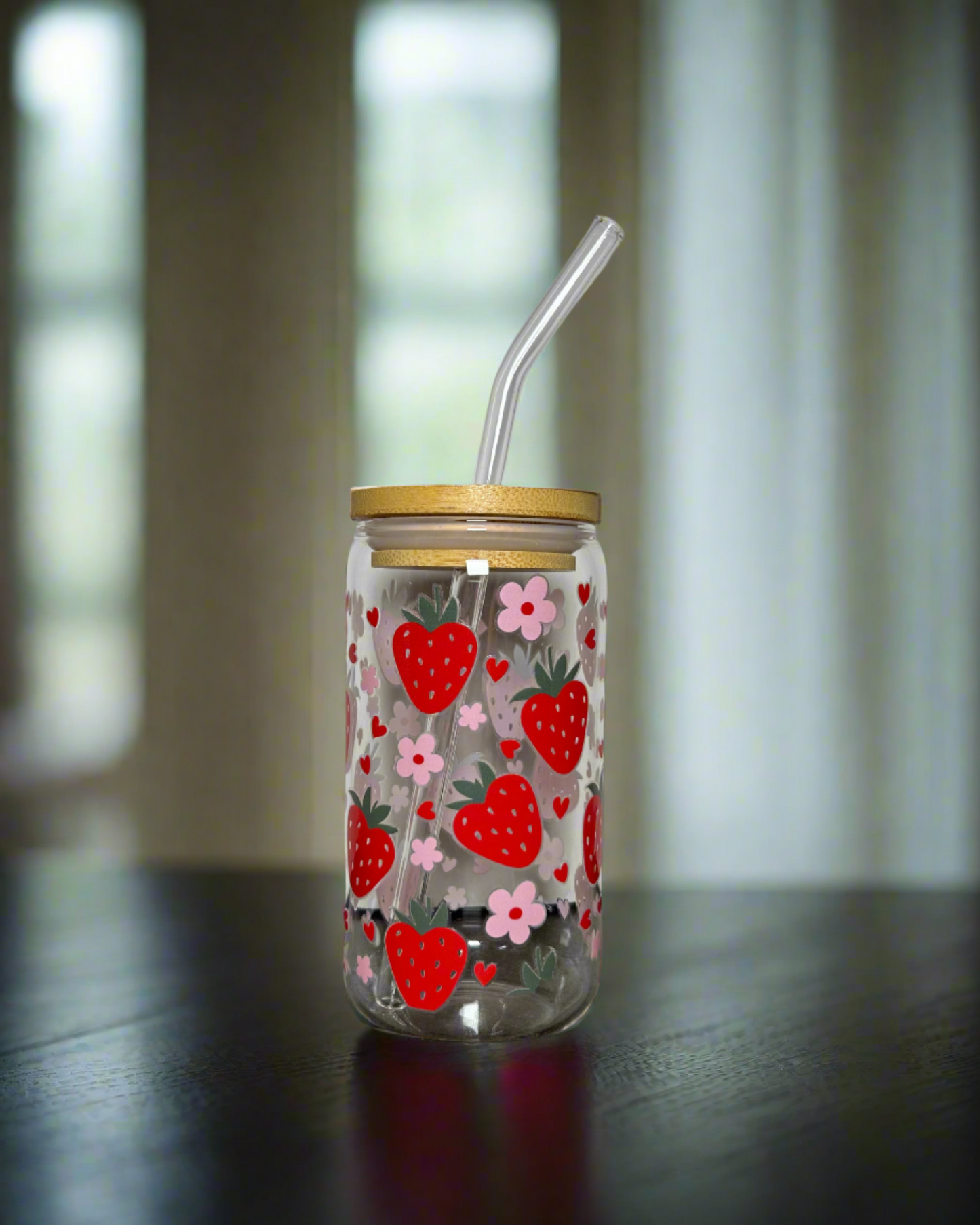 16 oz. Strawberry Cup W Glass Lid and Bamboo Straw