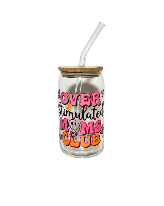 "Overstimulated Moms Club" 16oz Glass Tumbler with Glass Lid and Bamboo Lid