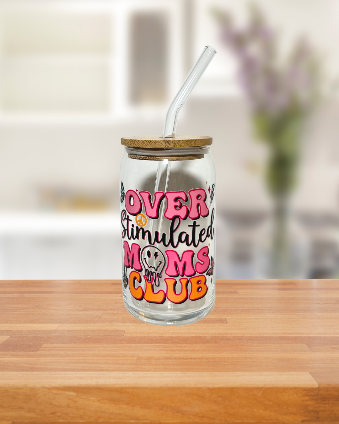 "Overstimulated Moms Club" 16oz Glass Tumbler with Glass Lid and Bamboo Lid