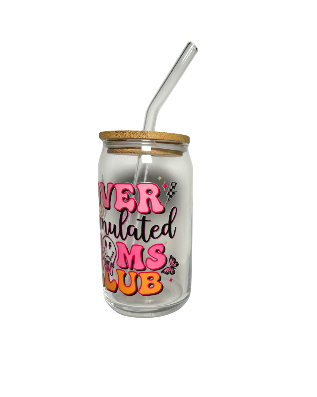 "Overstimulated Moms Club" 16oz Glass Tumbler with Glass Lid and Bamboo Lid