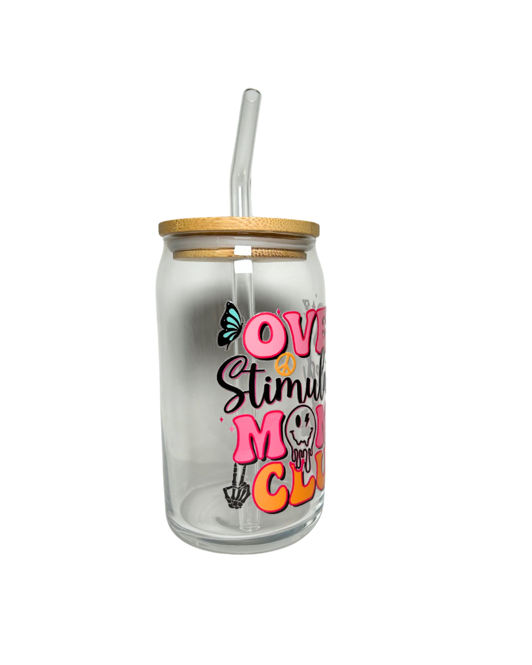 "Overstimulated Moms Club" 16oz Glass Tumbler with Glass Lid and Bamboo Lid