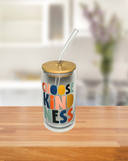 "Choose Kindness" 16oz Glass Tumbler with Glass Lid and Bamboo Lid