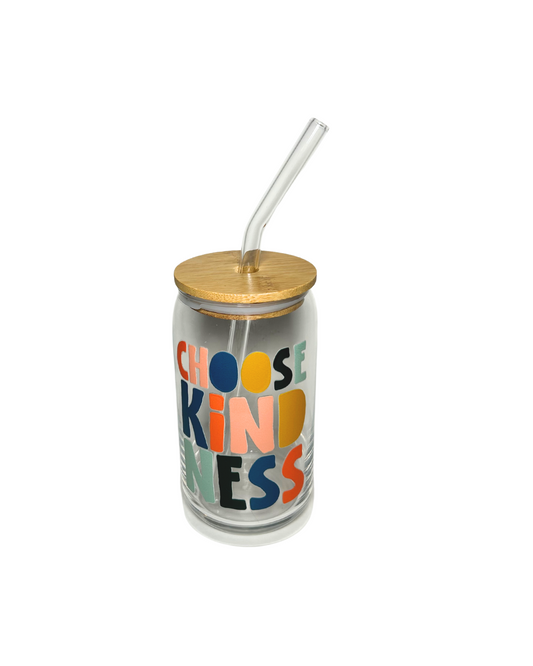 "Choose Kindness" 16oz Glass Tumbler with Glass Lid and Bamboo Lid