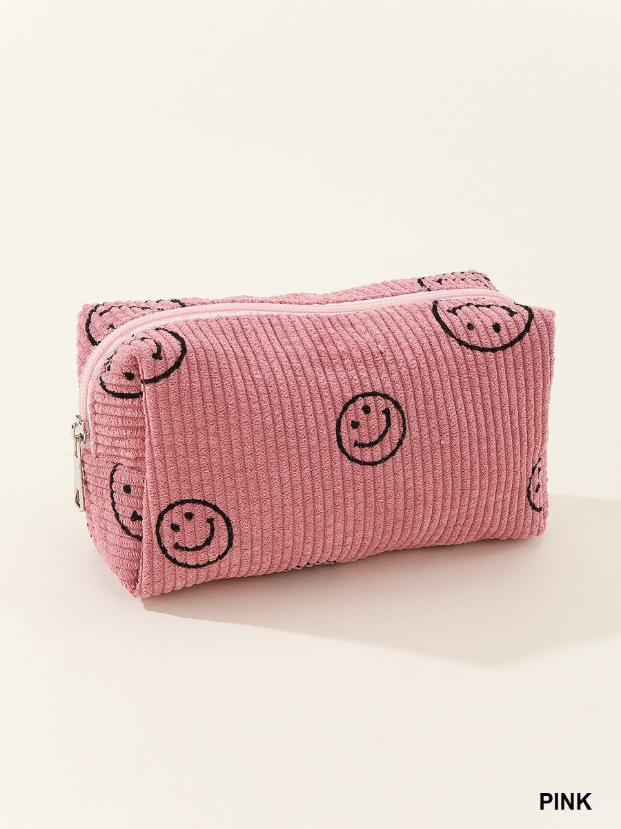 Smiley Face Corduroy Cosmetic Pouch