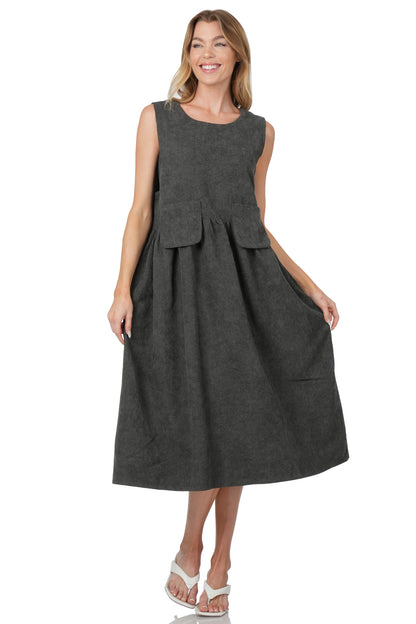 Corduroy Sleeveless Midi Dress- Black