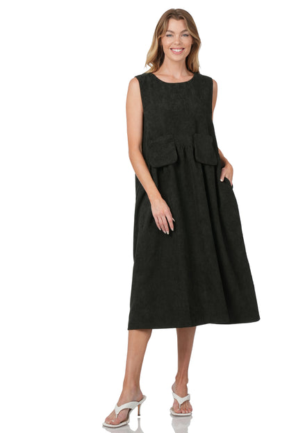 Corduroy Sleeveless Midi Dress- Black