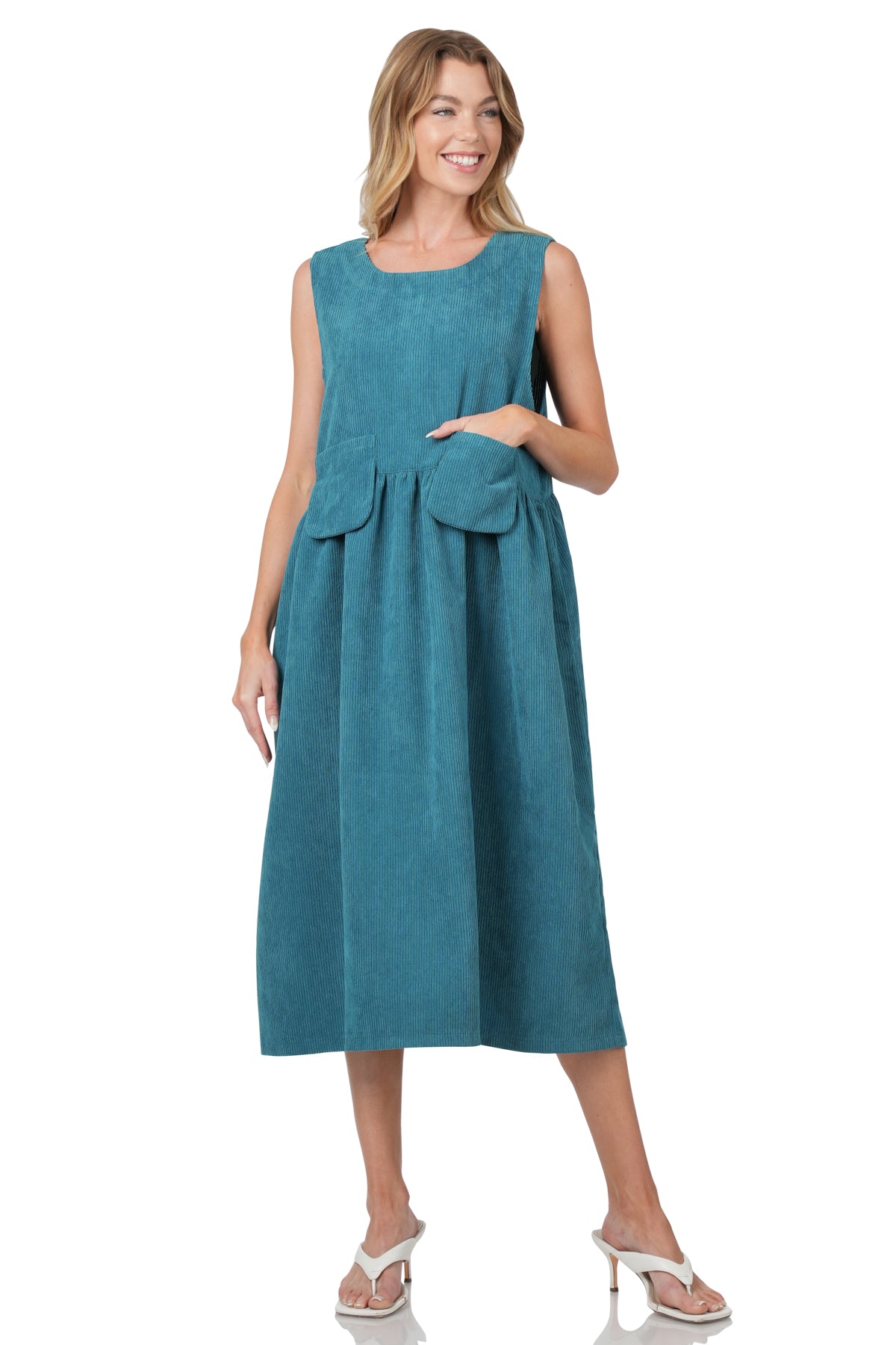 Corduroy Sleeveless Midi Dress- Teal