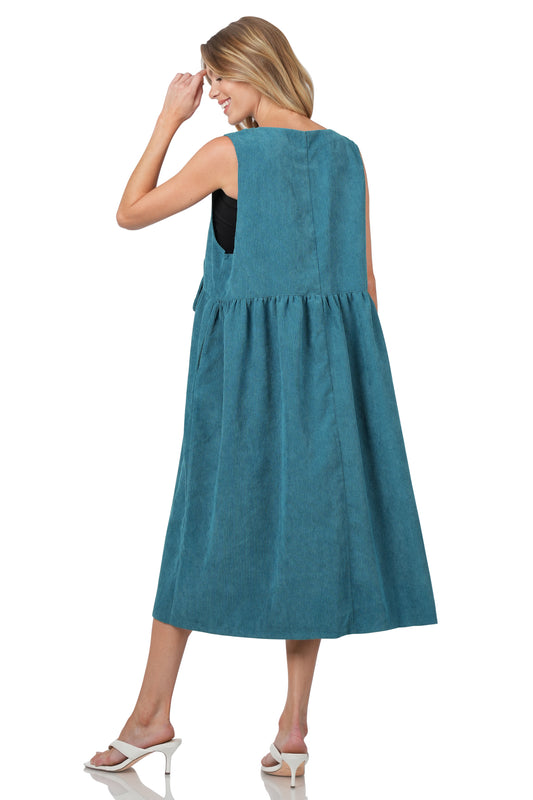 Corduroy Sleeveless Midi Dress- Teal