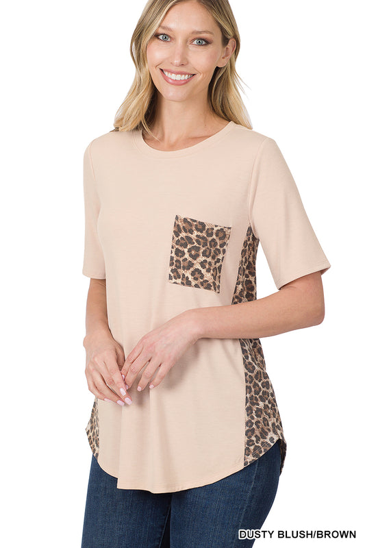 Dusty Blush Shirt with Leopard Pocket and Side